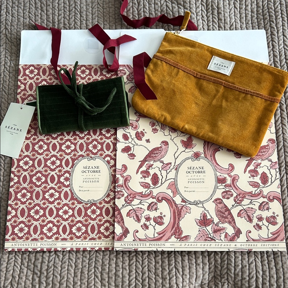 Sézane flat pouch, jewelry pouch and 2 gift bags